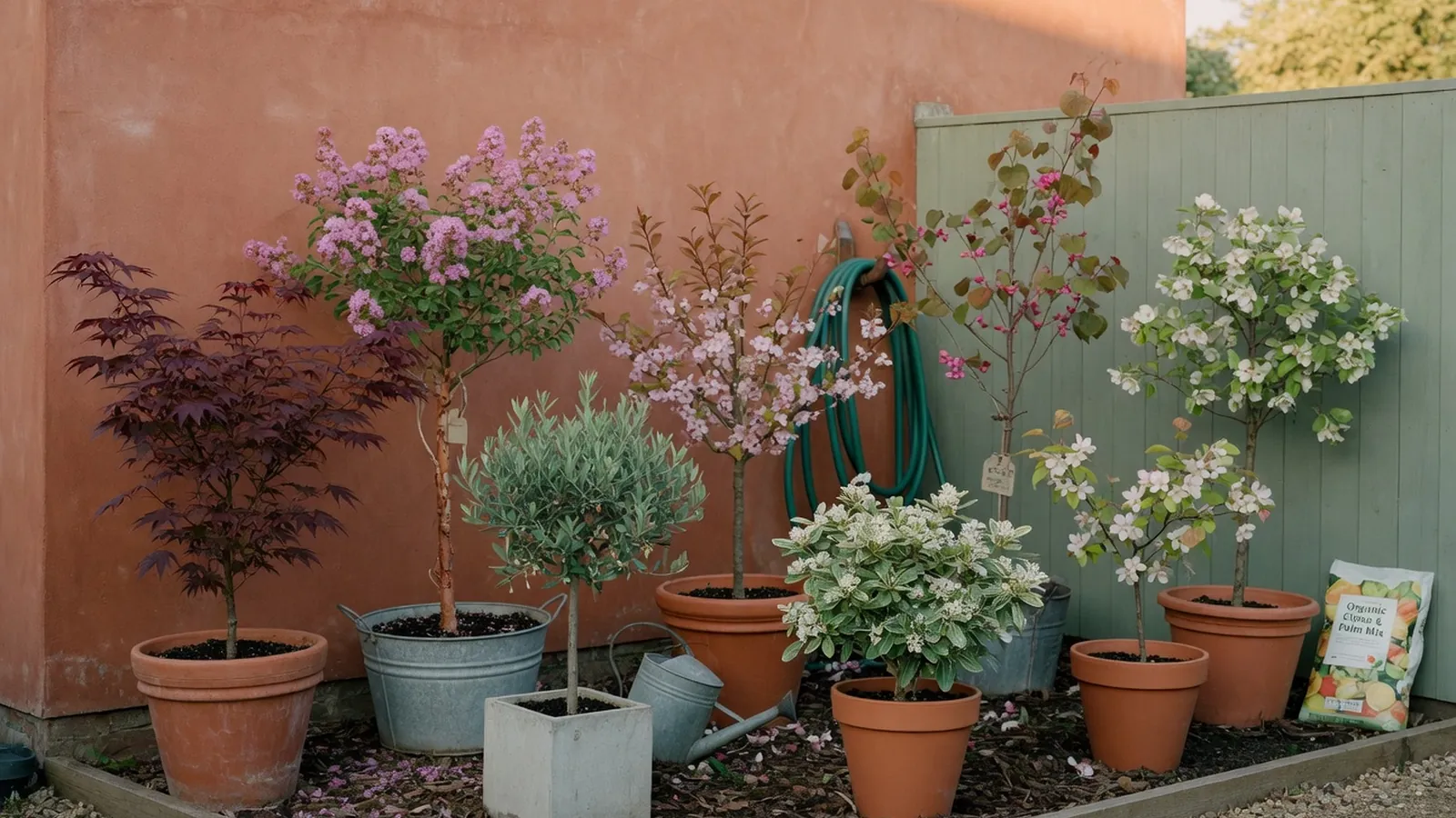 A variety of small ornamental trees arranged in a bright, inviting garden landscape.