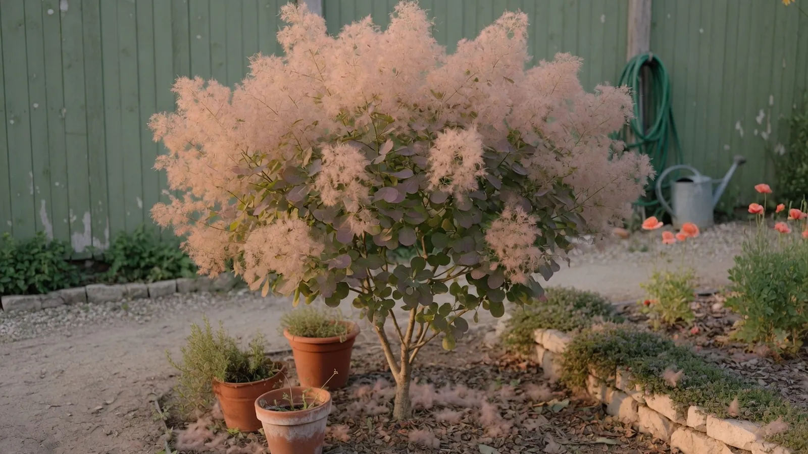 A full smoke tree standing in a garden with its characteristic hazy pinkish flower plumes rising above the canopy.