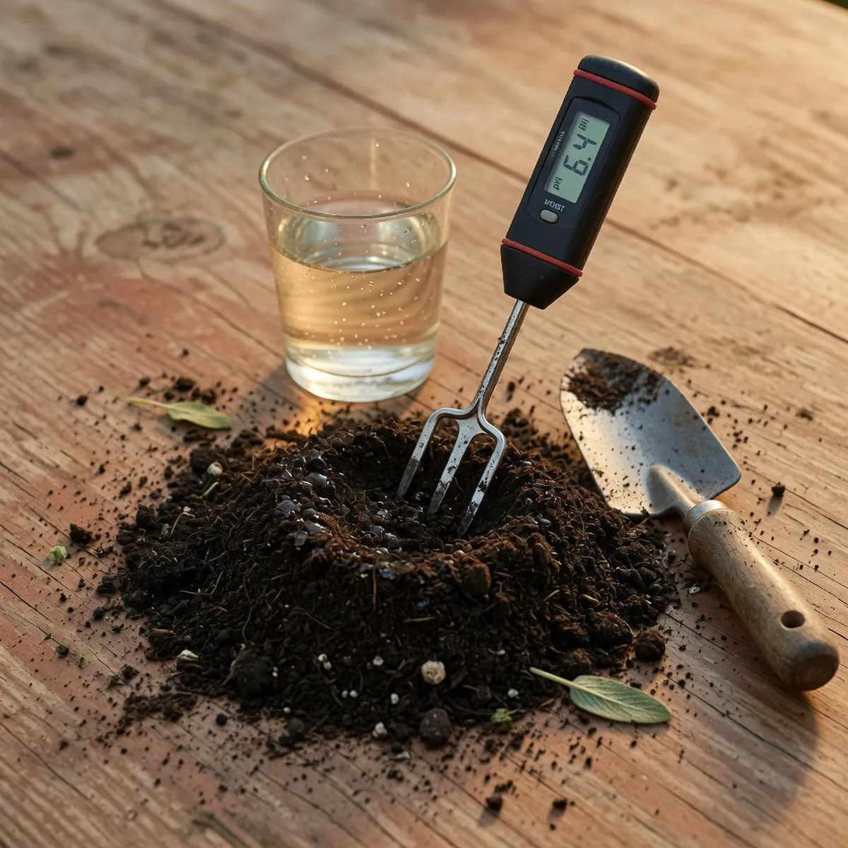 A soil pH tester probe inserted into dark, moist garden soil on a wooden surface.