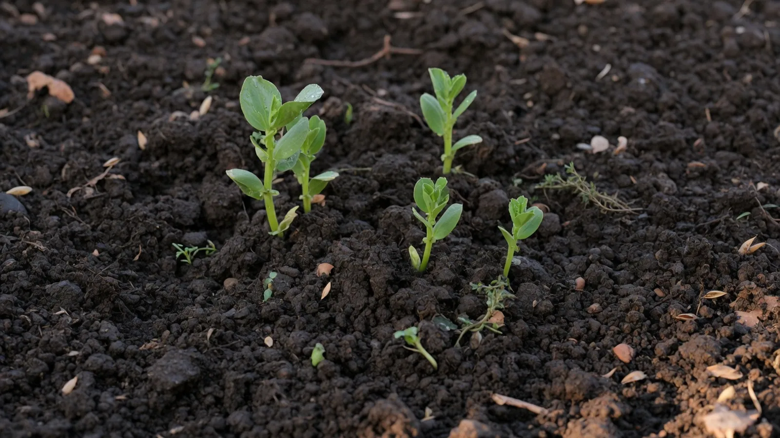 Rich, dark garden soil with healthy green seedlings emerging from the earth.