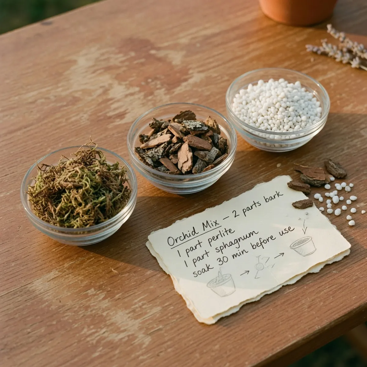 Small glass bowls containing sphagnum peat, bark chips, and perlite granules arranged on a wooden surface.