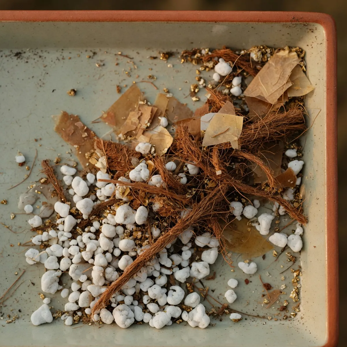 White perlite granules, brown coir fibers, and golden vermiculite flakes displayed on a neutral ceramic tray.