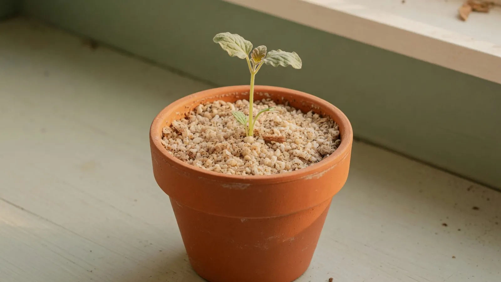 A young seedling growing in a terracotta pot filled with light soilless potting mix.