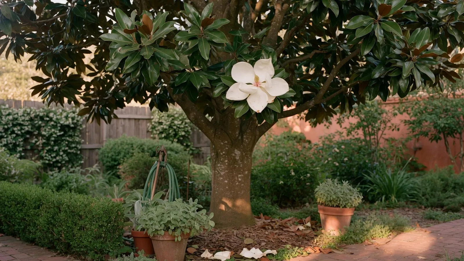 A mature Southern Magnolia tree displaying large glossy green leaves and a single broad white flower against a soft garden backdrop.