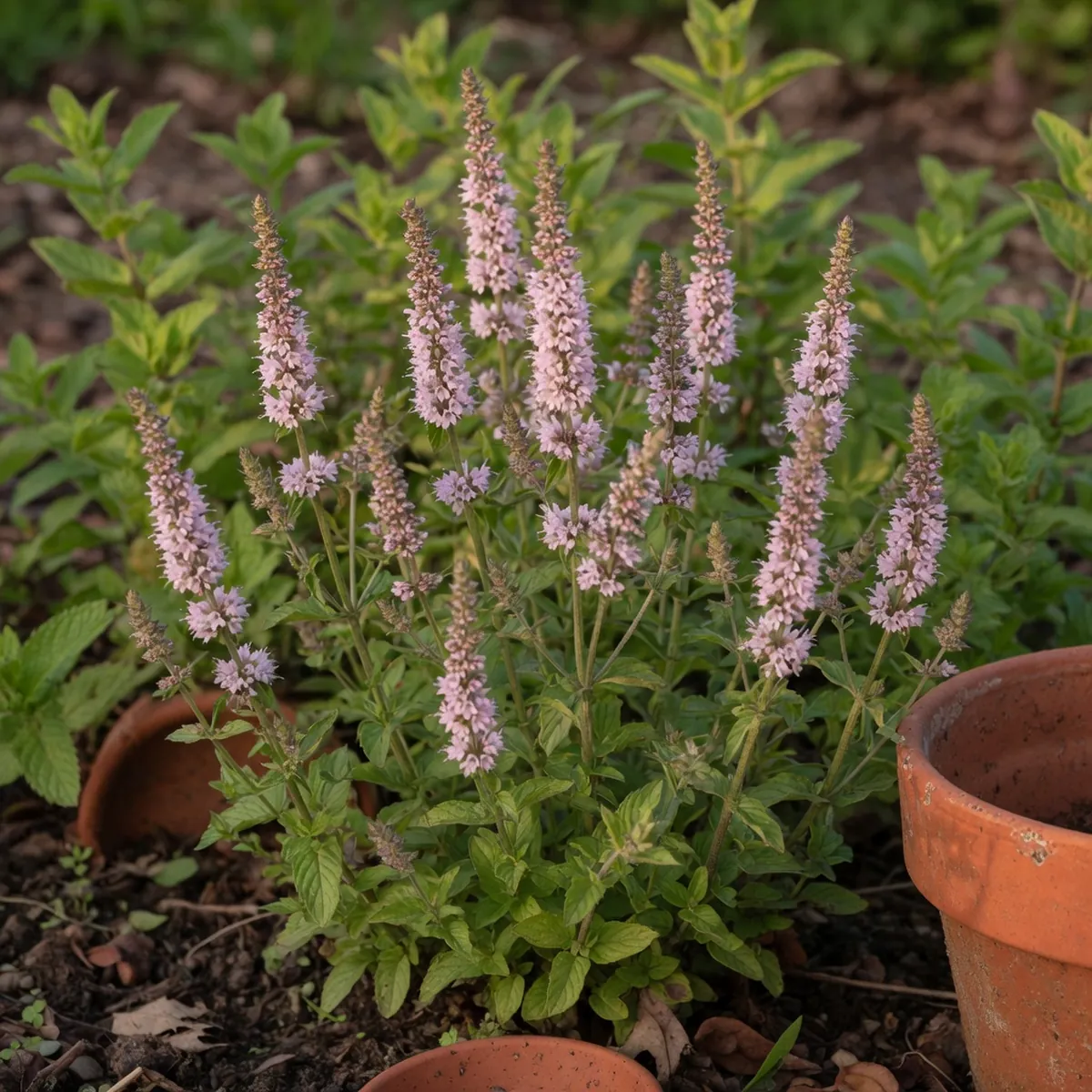 A close-up of slender spearmint flower spikes showing pink and white blooms against bright green serrated leaves.