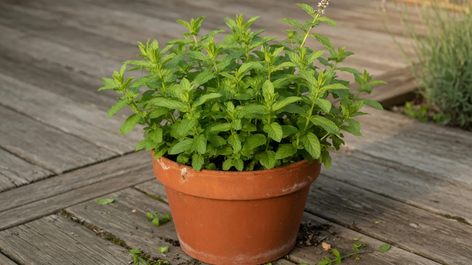 A lush clump of bright green spearmint foliage growing in a terracotta pot on a sunny patio.