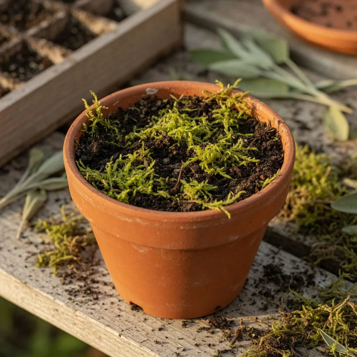 A terracotta pot containing dark soil topped with a layer of fresh green sphagnum moss.