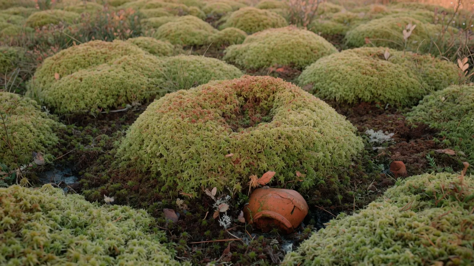 A thick carpet of green sphagnum moss growing on the surface of a damp bog.