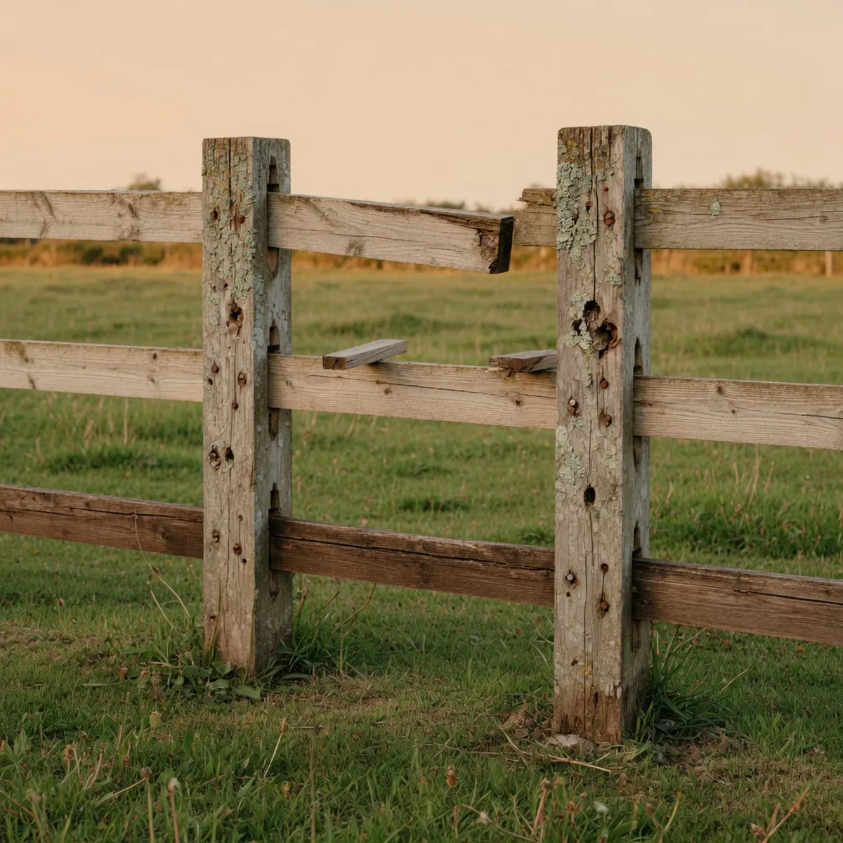 A close-up of wooden fence rails inserted into drilled holes in sturdy wooden posts.