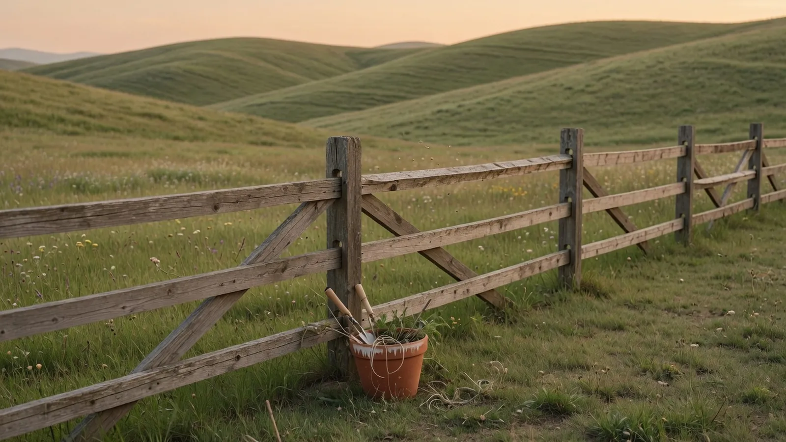 A classic split rail fence winding through a lush green meadow under a clear sky.