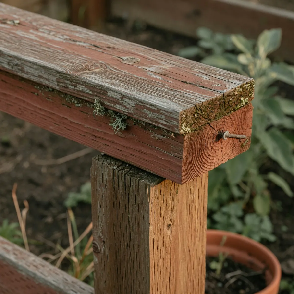 A weathered cedar fence rail resting horizontally on a sturdy wooden post.