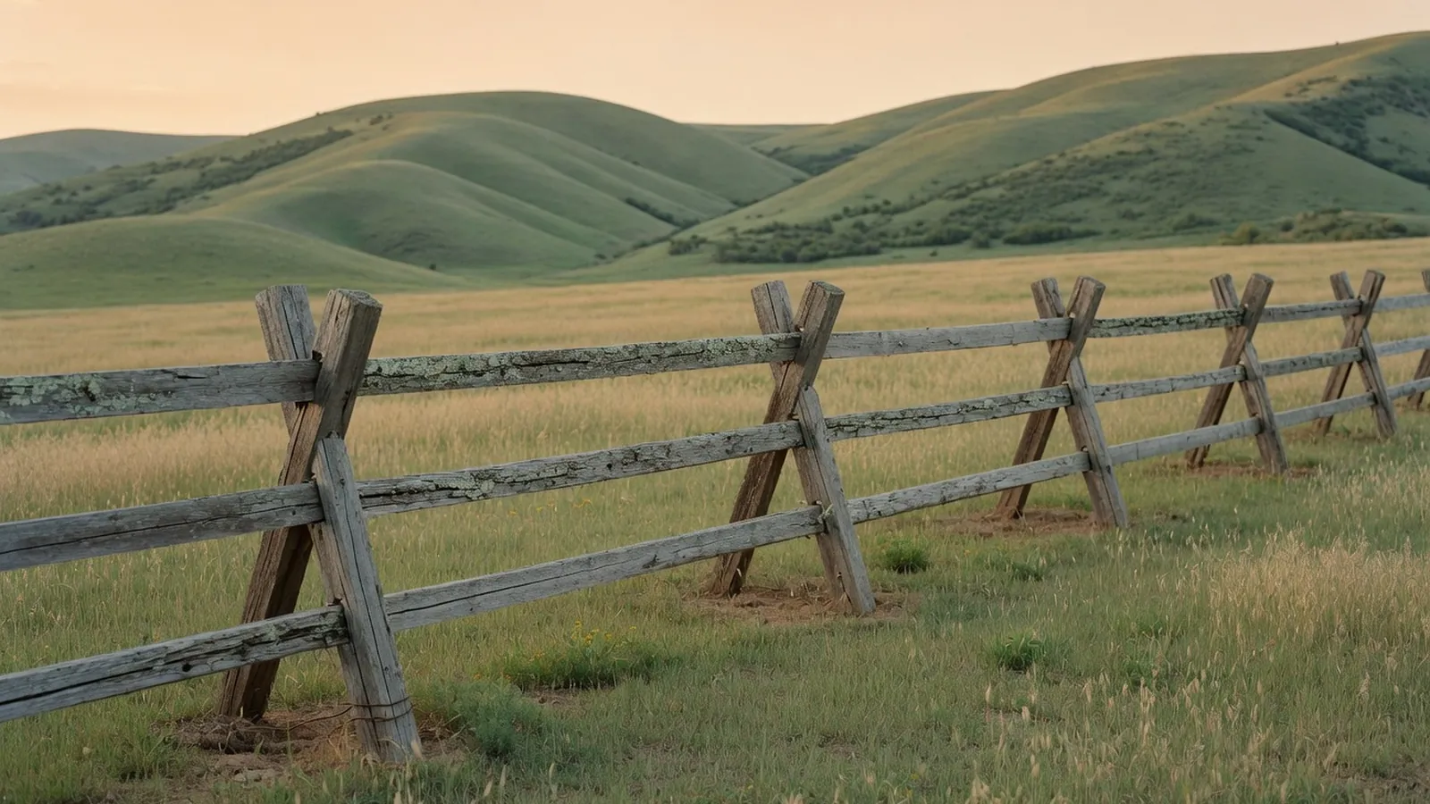 A weathered wooden split rail fence running through a sunlit grassy field.