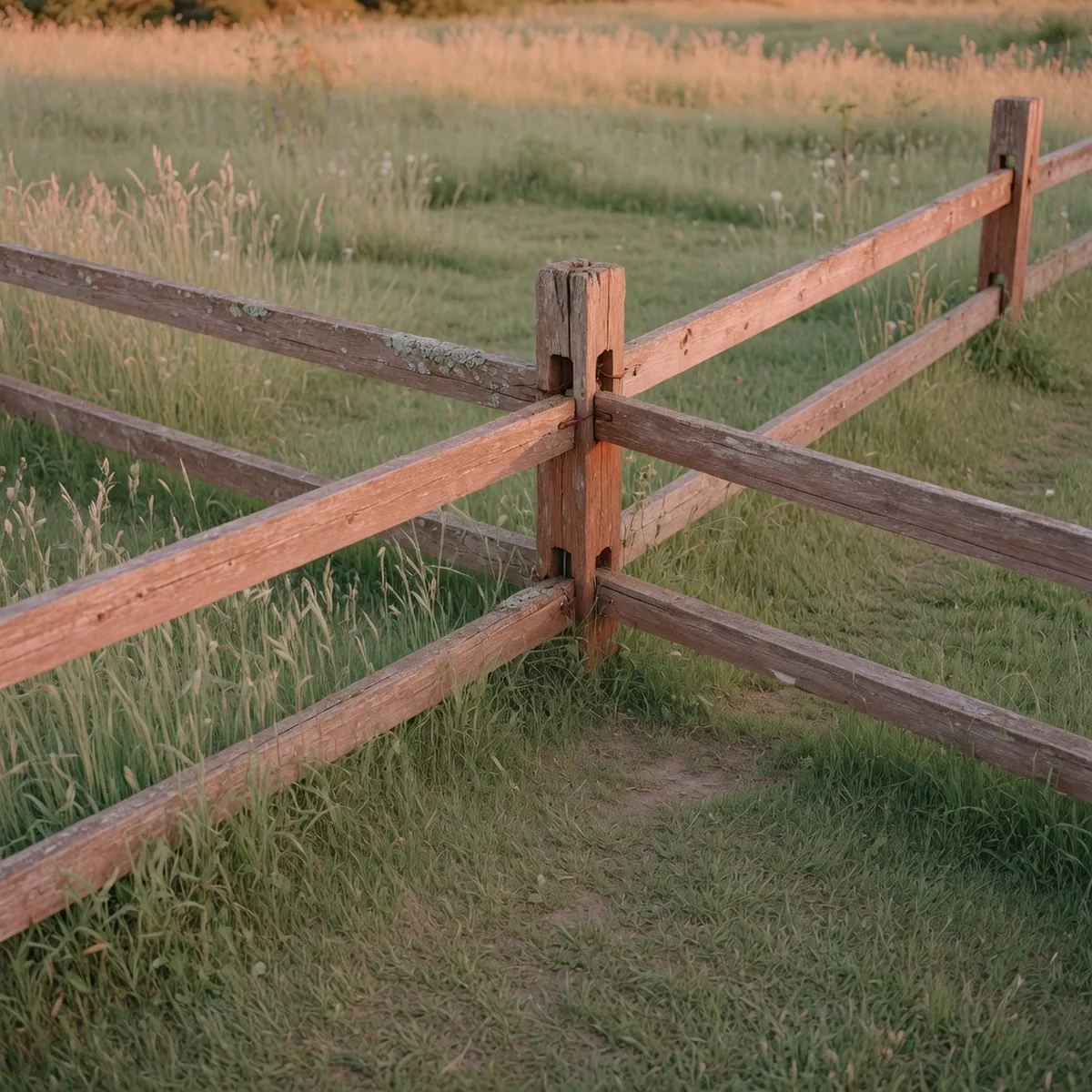 A weathered cedar split rail fence running through a grassy field with soft natural lighting.