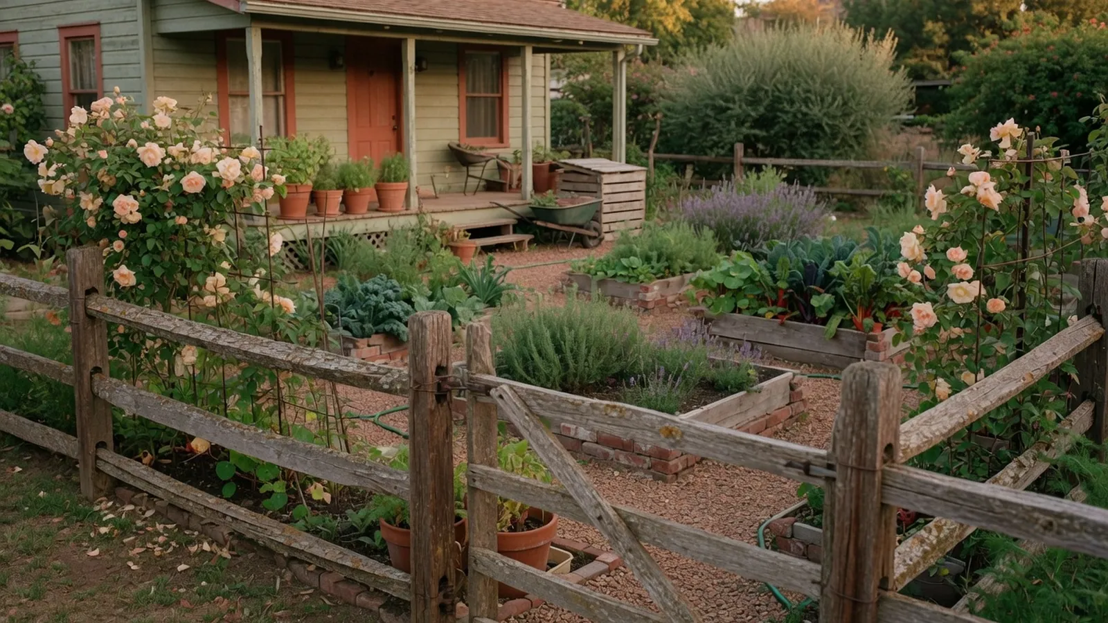 A classic split rail fence framing a quiet residential property with lush greenery.