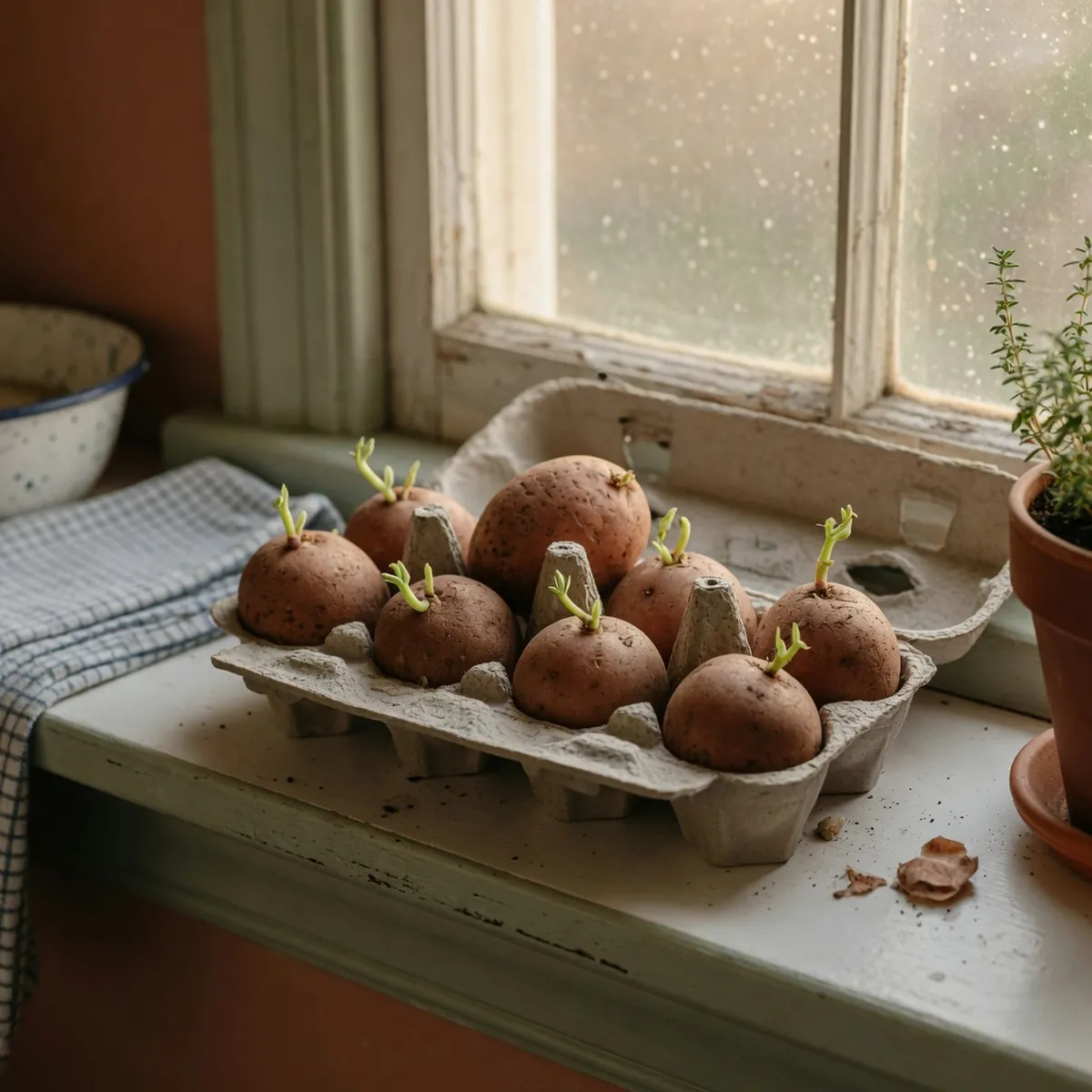 Several potatoes in an egg carton display early green shoots on a windowsill.