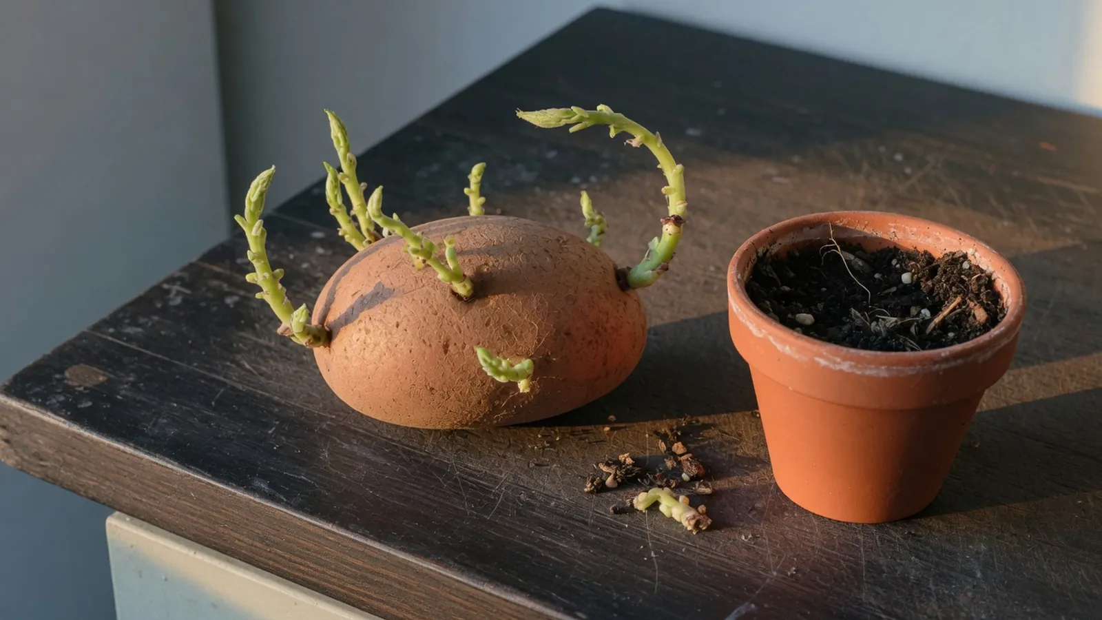 A sprouting potato sits on a wooden counter next to a pot of soil.
