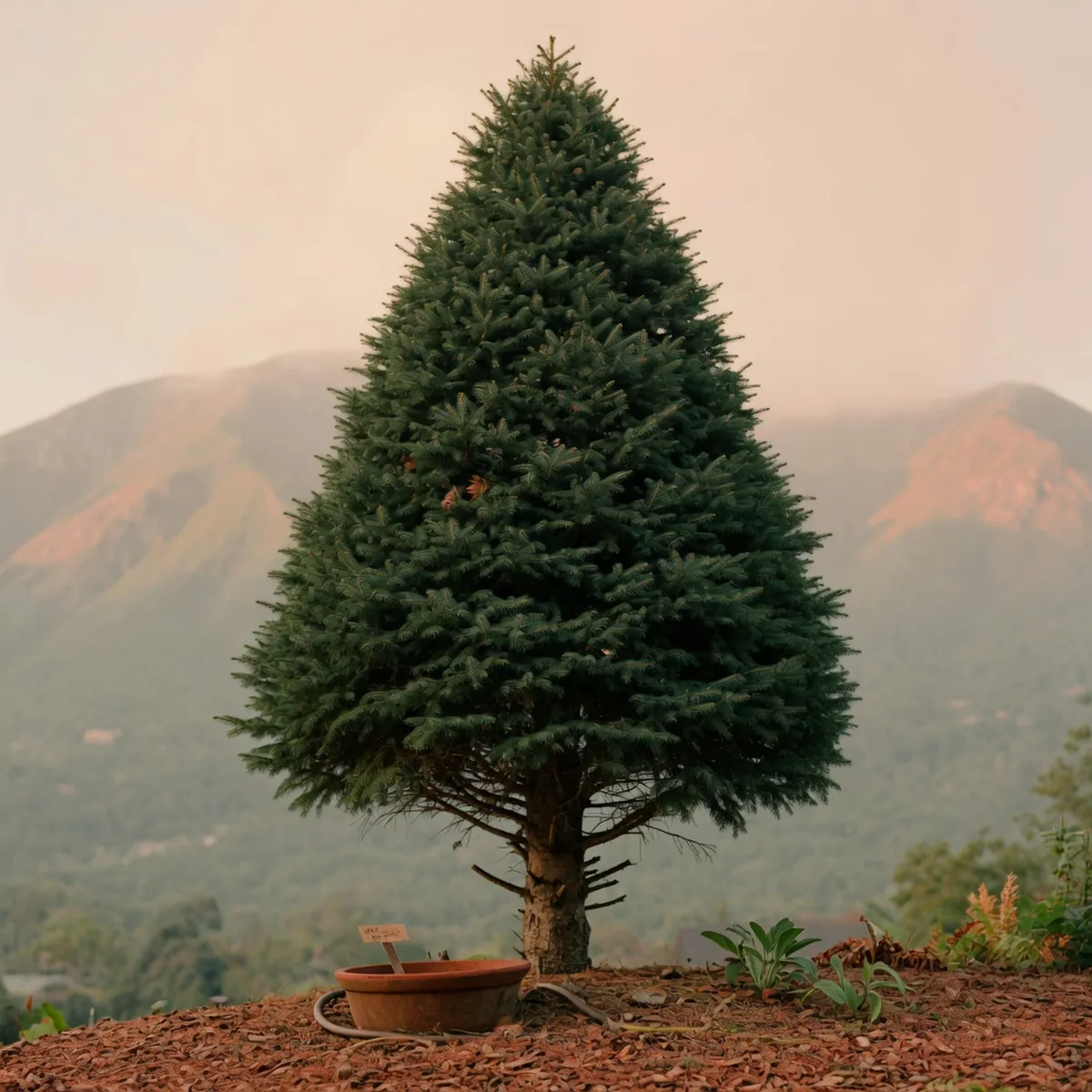 A tall spruce tree displaying dense foliage and a classic conical form against a soft forest background.