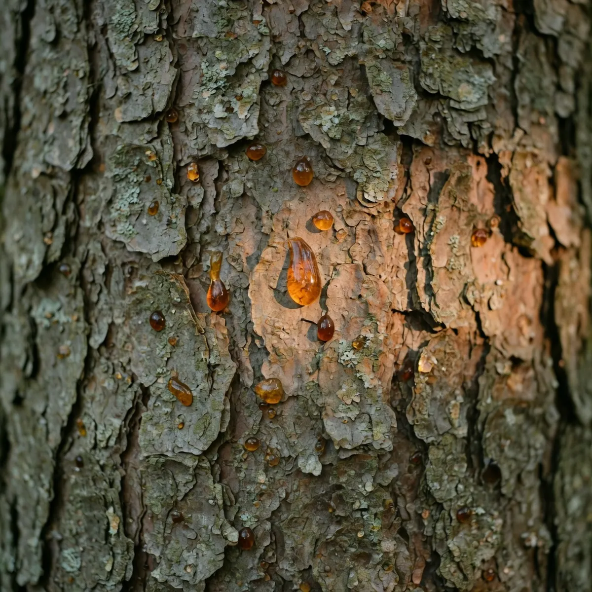 Rough spruce bark featuring visible amber resin droplets catching natural light.