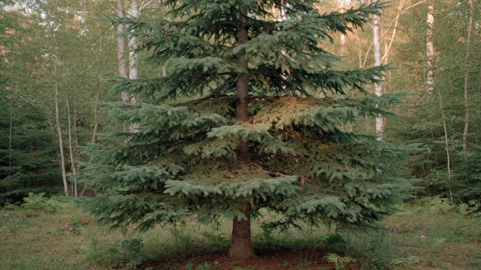 A majestic spruce tree with a conical shape and whorled branches standing in a quiet woodland setting.
