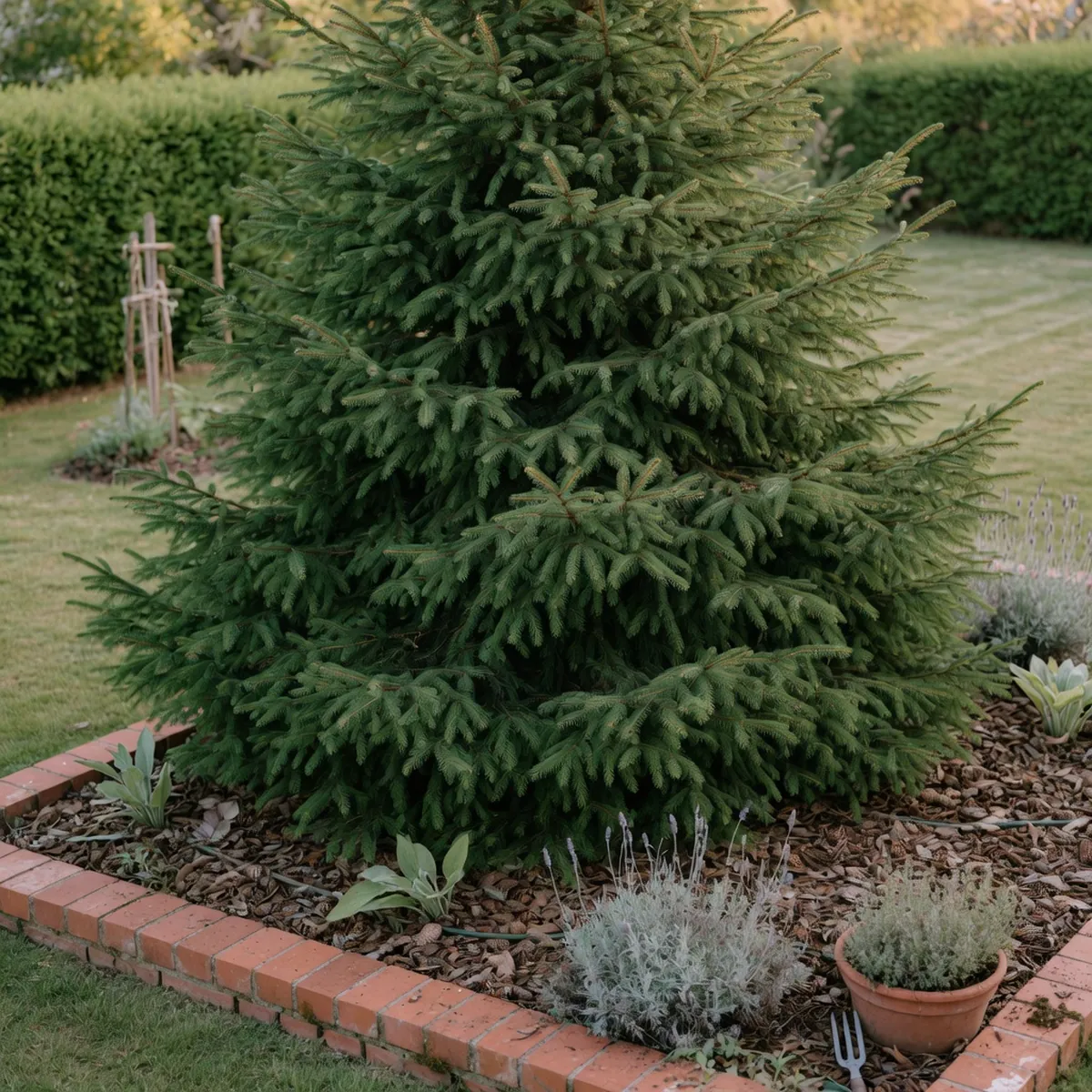A mature Norway spruce tree displaying its characteristic dense dark green foliage in a garden setting.