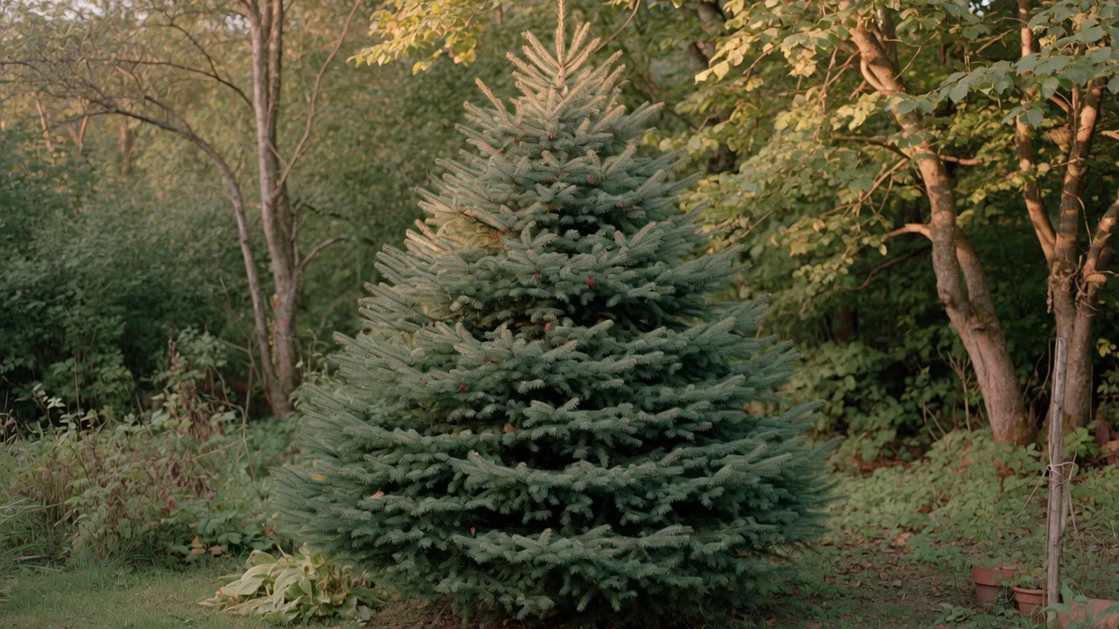 A tall conical spruce tree with layered branches and deep green needles in a temperate woodland setting.