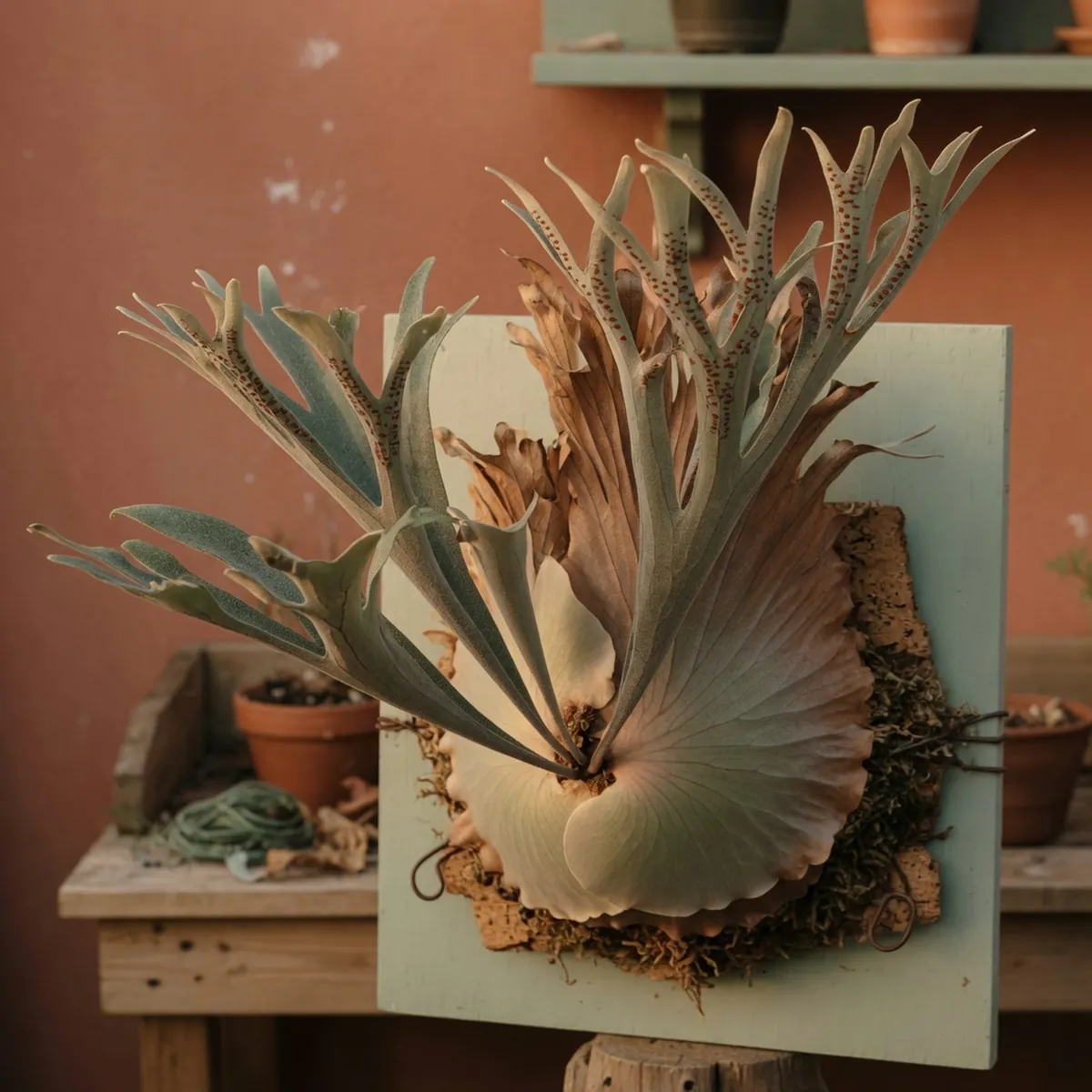 A mounted staghorn fern with forked antler-shaped fronds displayed as a popular indoor houseplant.