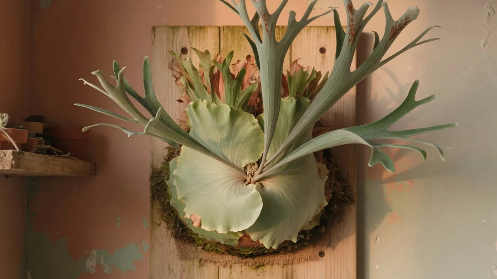A staghorn fern mounted on wood displaying its characteristic antler-shaped fronds and overlapping basal leaves.