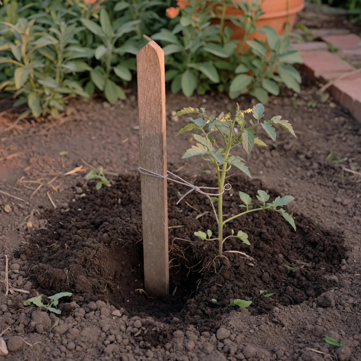 A wooden stake firmly planted in dark garden soil next to a young tomato plant.