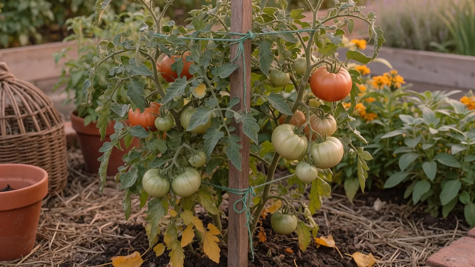 A healthy tomato plant securely tied to a vertical support in a bright garden.