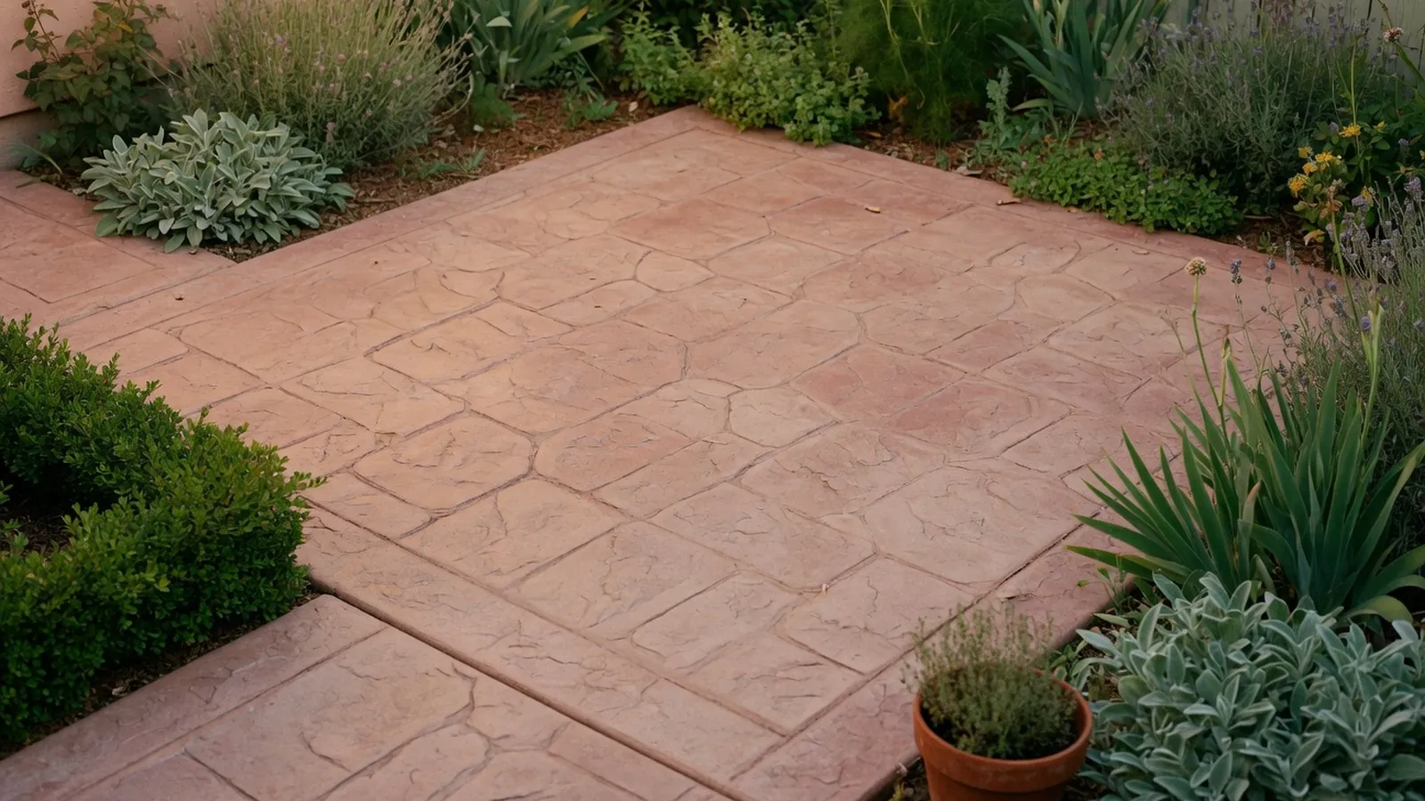 A completed stamped concrete patio with a realistic stone texture surrounded by garden plants.