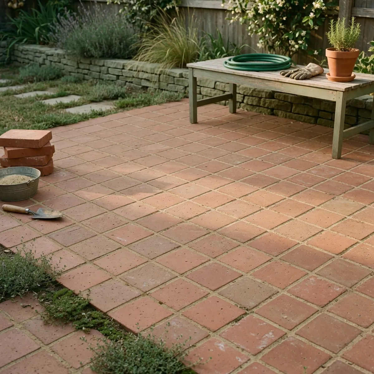 A neatly arranged paver stone patio with sand-filled joints in a sunny backyard.