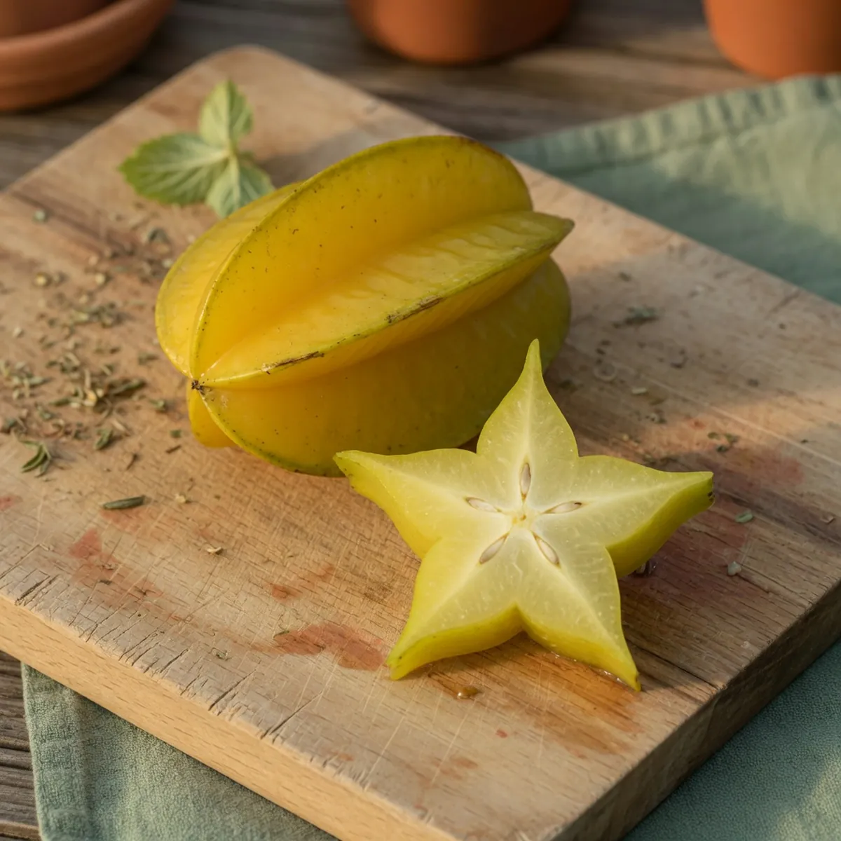 A ripe yellow star fruit resting on a wooden cutting board with a clean cross-section slice revealing its five-pointed star pattern.