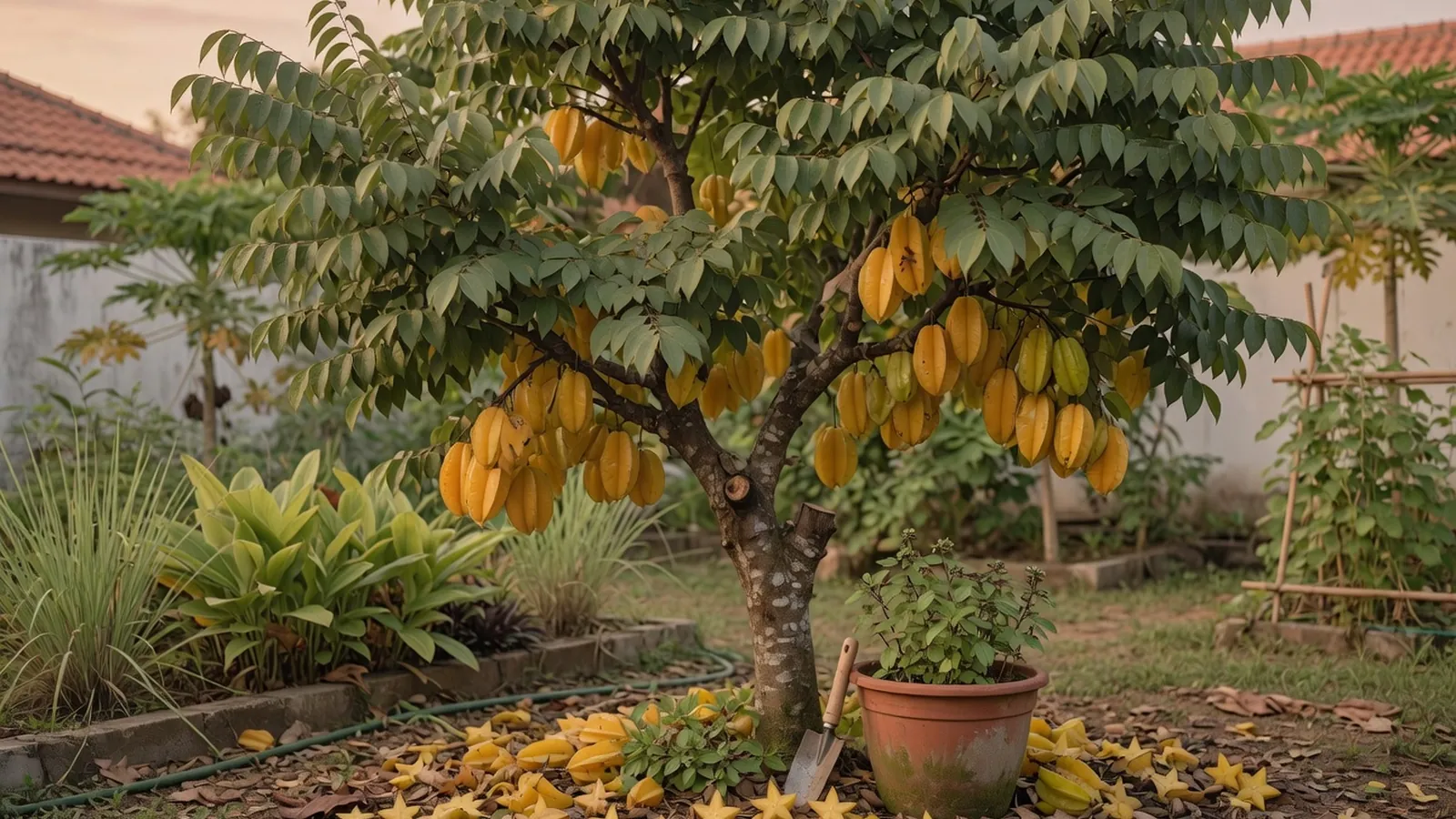 A mature star fruit tree laden with bright yellow fruits against a soft-focus tropical garden background.