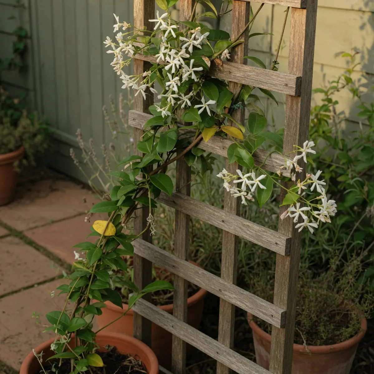 A star jasmine vine climbing a wooden trellis with glossy green leaves and small white star-shaped flowers.