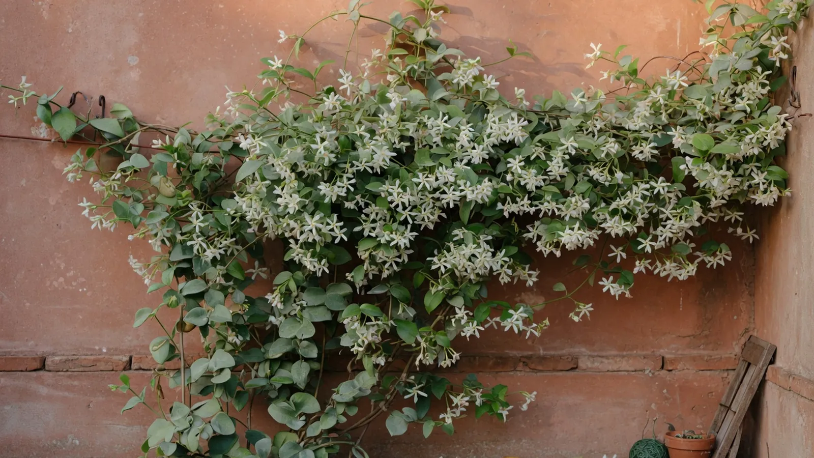 A lush star jasmine vine covered in fragrant white star-shaped flowers climbing a garden wall.