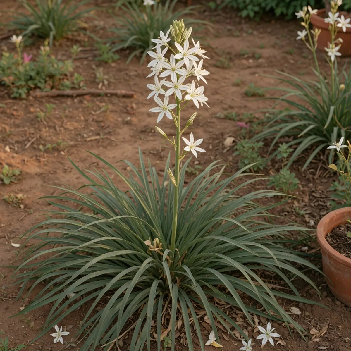 A tall flowering spike of white star-shaped blooms with distinct green bands on the petal backs rising from a tuft of arching grass-like leaves.