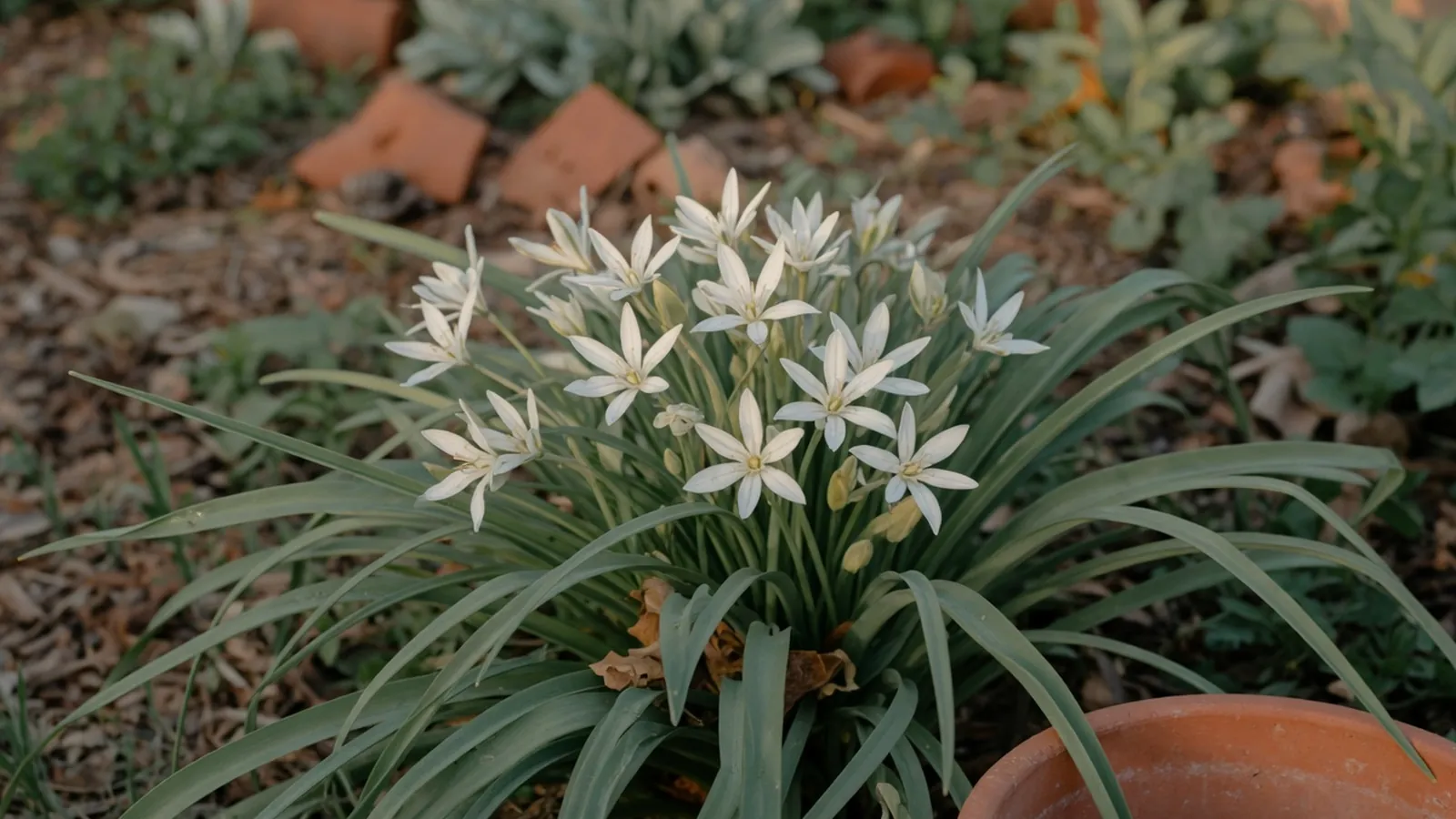 A cluster of delicate white star-shaped flowers with subtle green bands on the petal backs blooming among arching grass-like leaves.