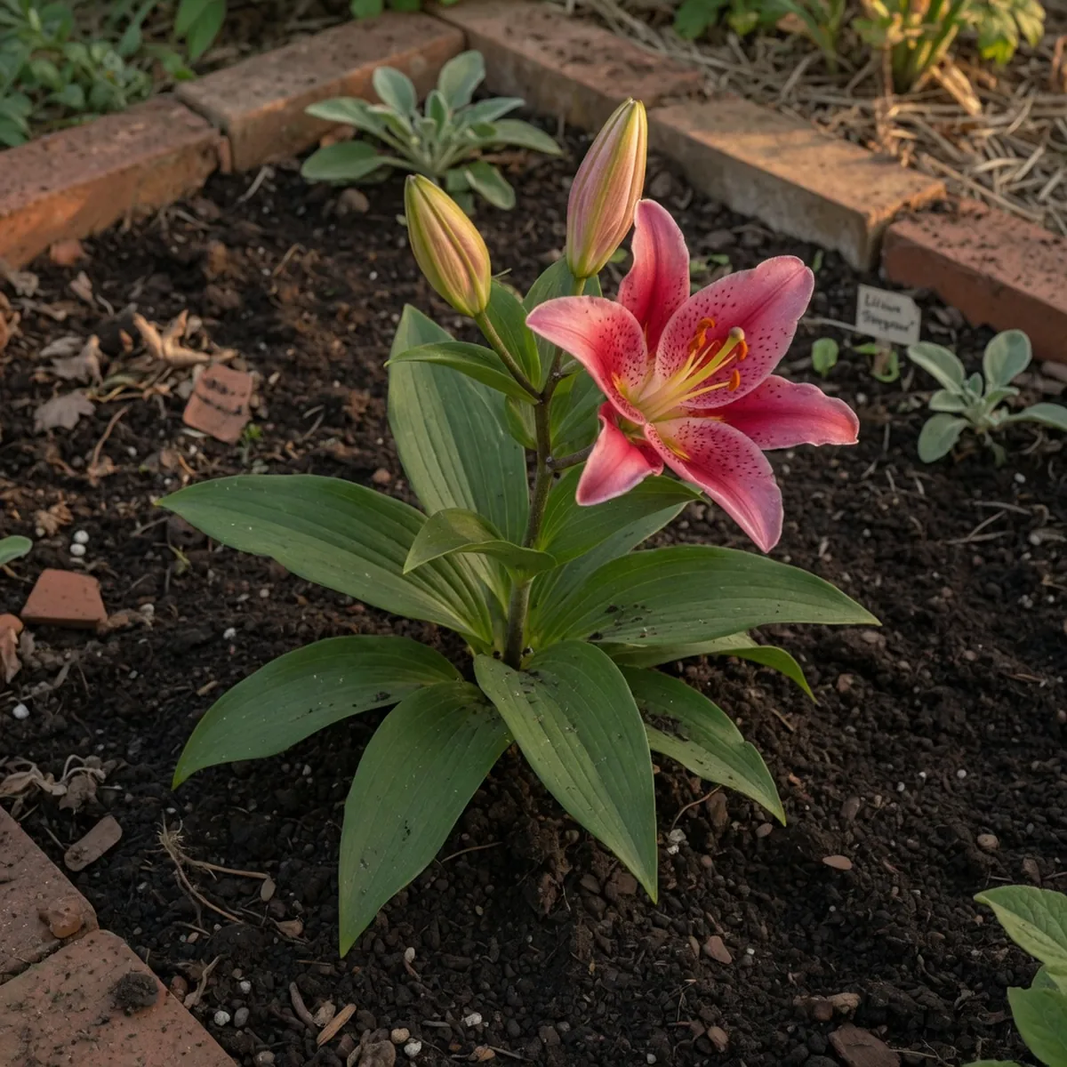 A healthy stargazer lily plant growing in rich, dark loamy soil with green foliage.