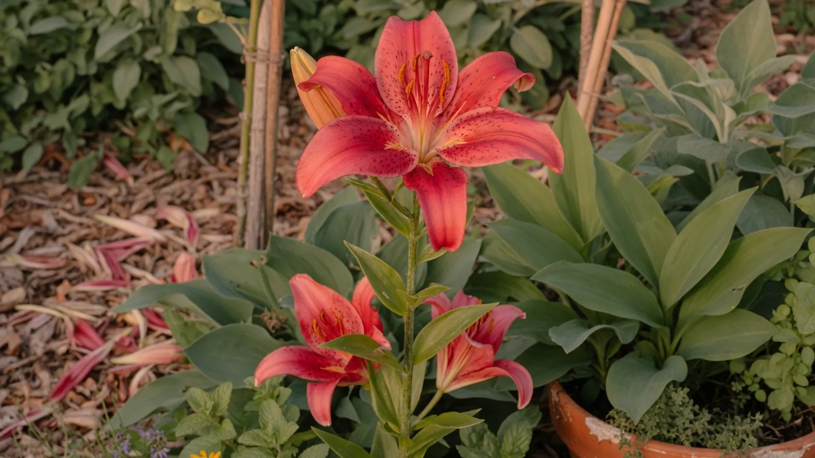 A striking red and white stargazer lily in full bloom against a soft green garden background.