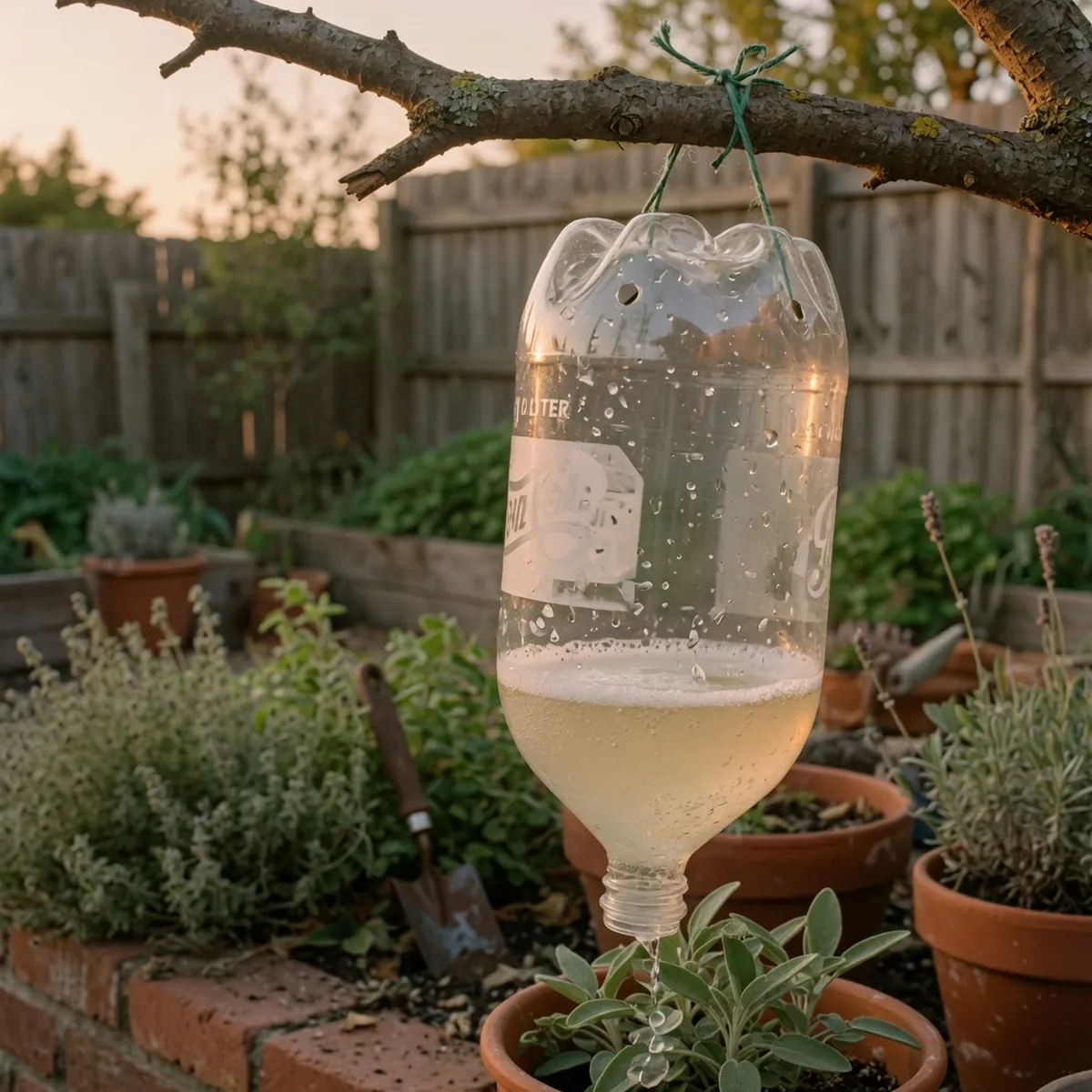 A cut plastic soda bottle repurposed into a hanging trap with soapy liquid inside.