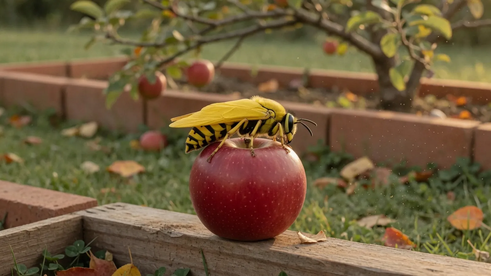 A yellow jacket resting on a ripe red apple in a sunlit garden orchard.