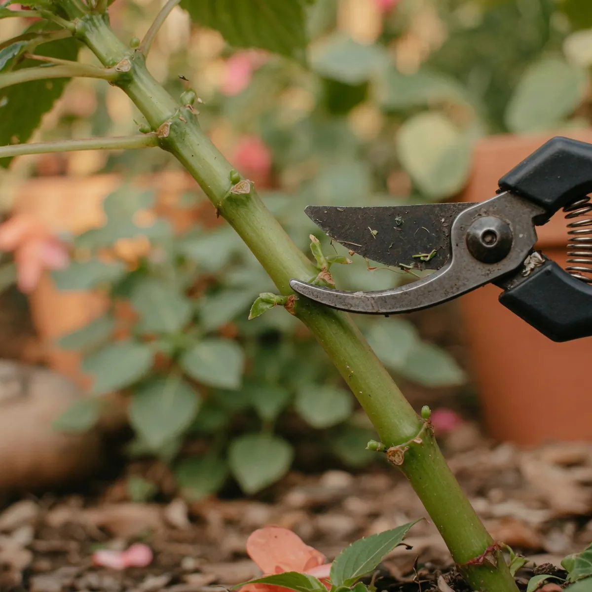 A close-up view of an impatiens stem with visible green nodes and pruning shears ready to make a cut.