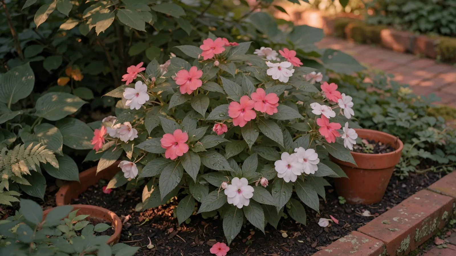 A vibrant impatiens plant with colorful blooms growing in a shaded garden bed.