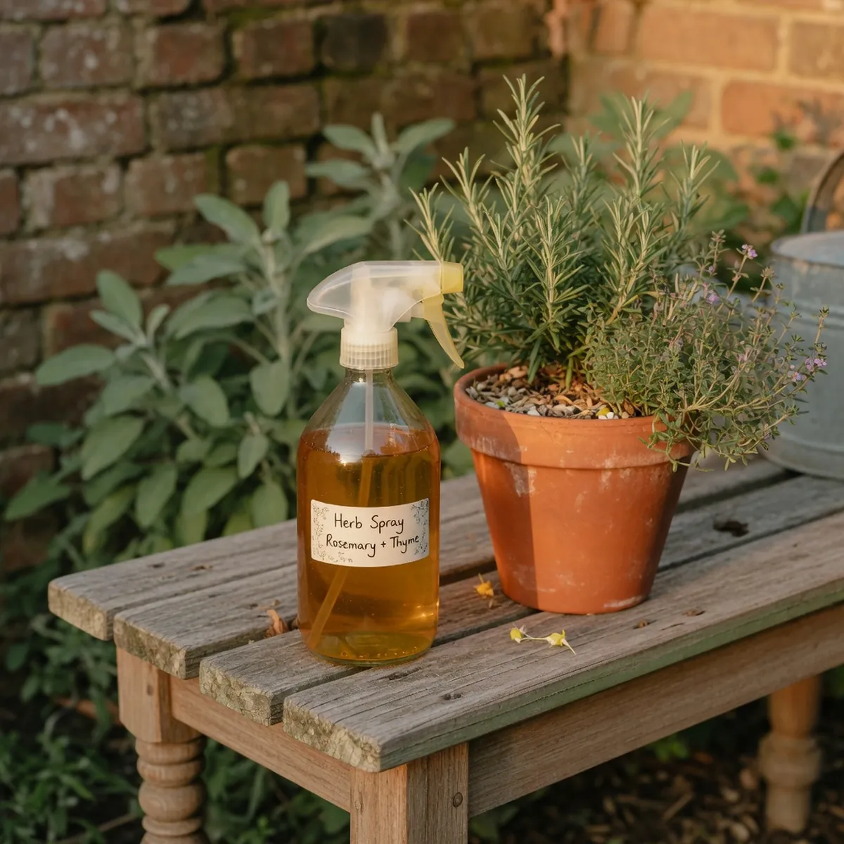 A glass spray bottle filled with amber liquid sitting on a wooden garden bench.