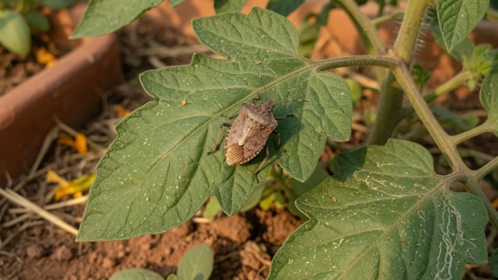 A brown shield-shaped stink bug resting on a green garden leaf.