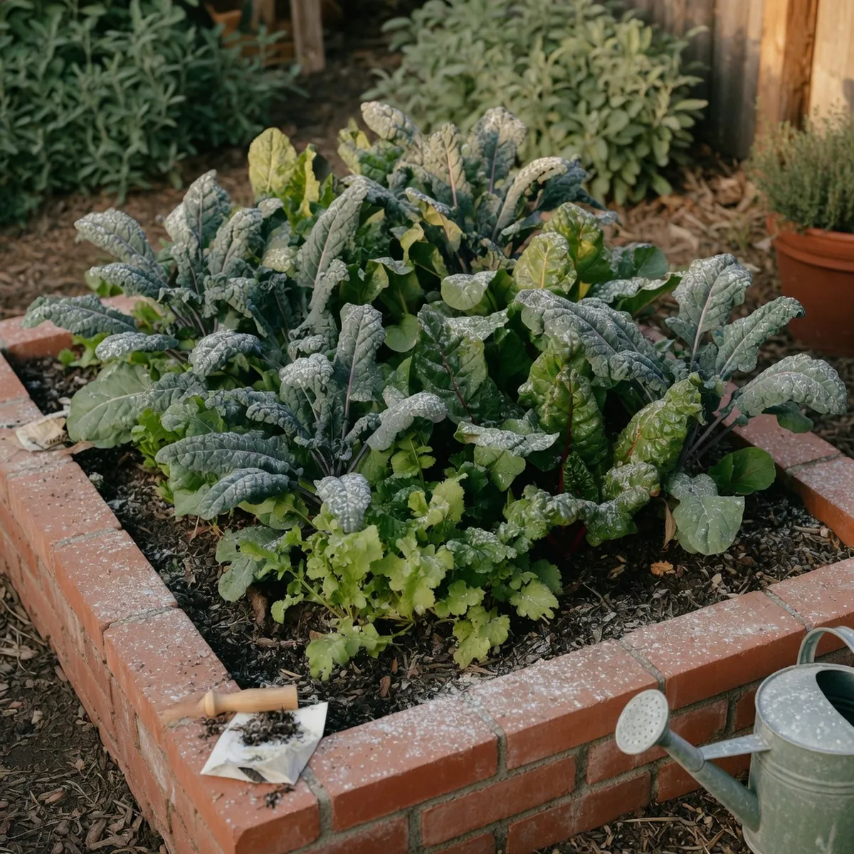 Leafy garden vegetables lightly dusted with a protective kaolin clay powder.