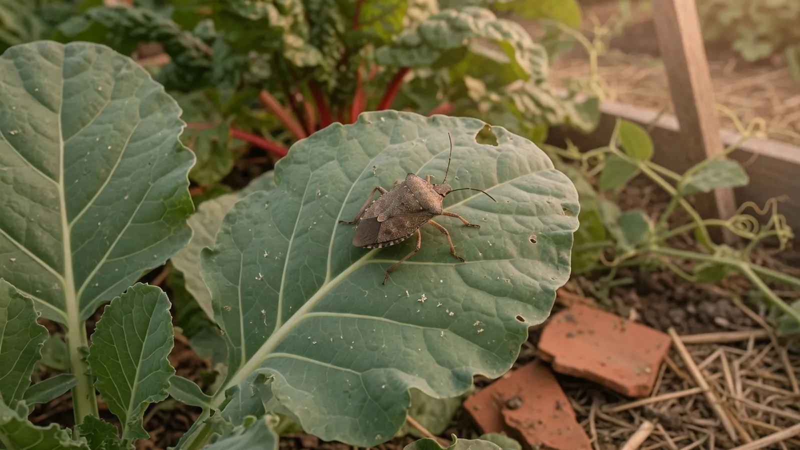 A brown stink bug resting on a green garden leaf.