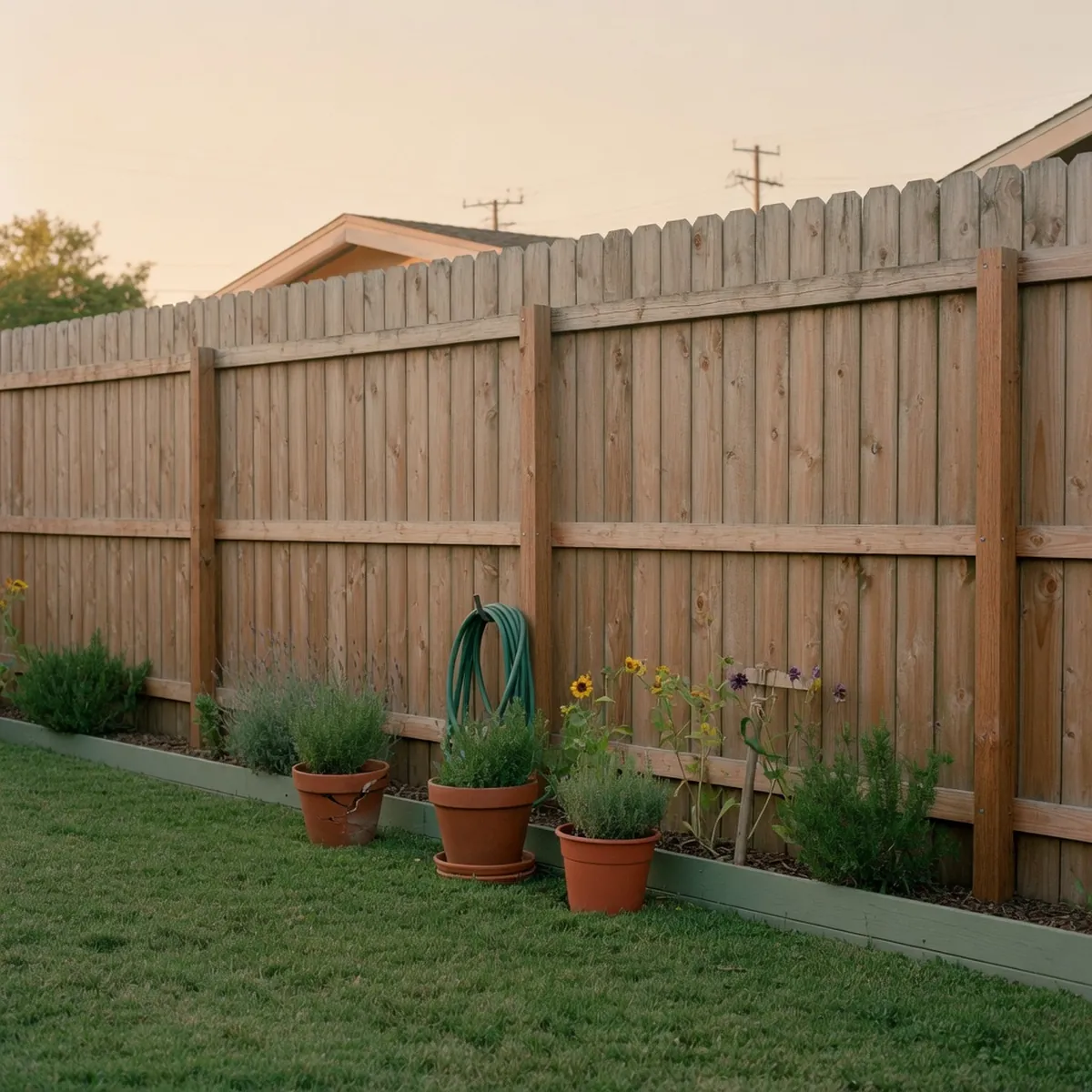 A completed stockade fence with closely spaced vertical wooden planks in a suburban backyard.