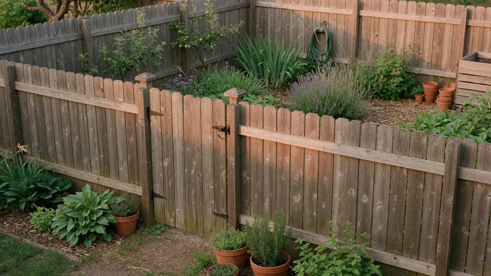 A tall stockade fence providing complete privacy in a residential garden setting.