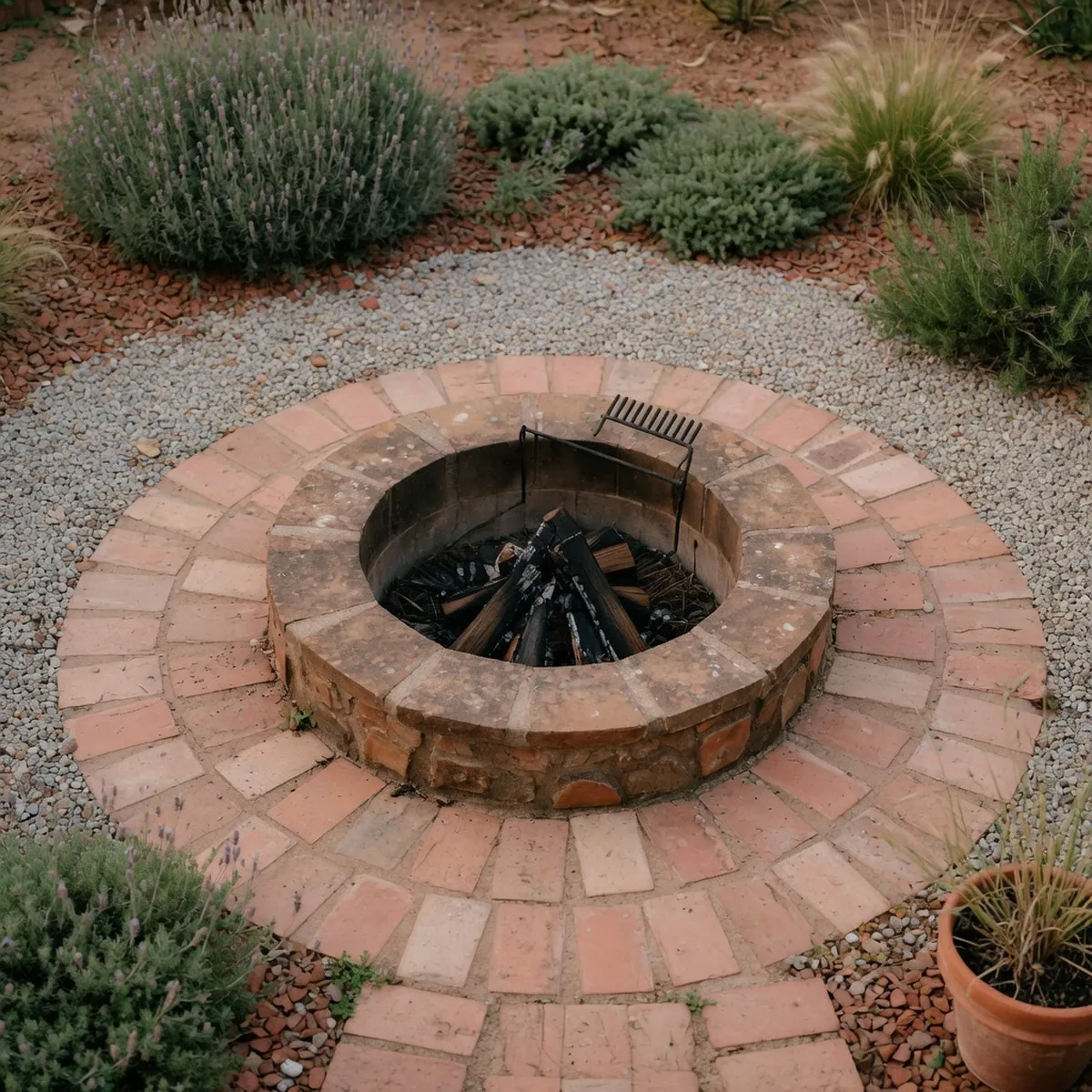 A circular stone fire pit set into a paved patio surrounded by gravel and low plants.